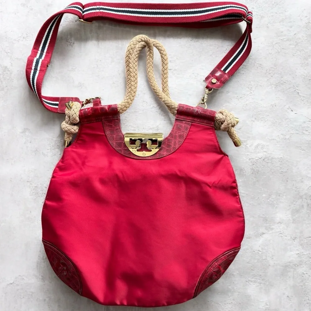 Tory Burch Red Nylon Croc Embossed Rope Handle Shoulder Hobo Bag